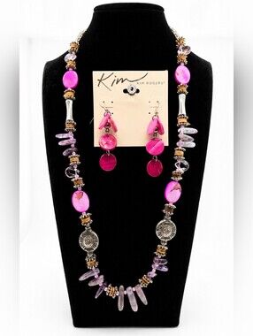 Handmade Pink Purple Statement Necklace & NWT Kim Rogers Earrings Set Boho EUC